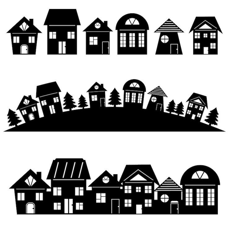 Vecteur maisons et paysage urbain isolé icône de pochoir illustration vectorielle