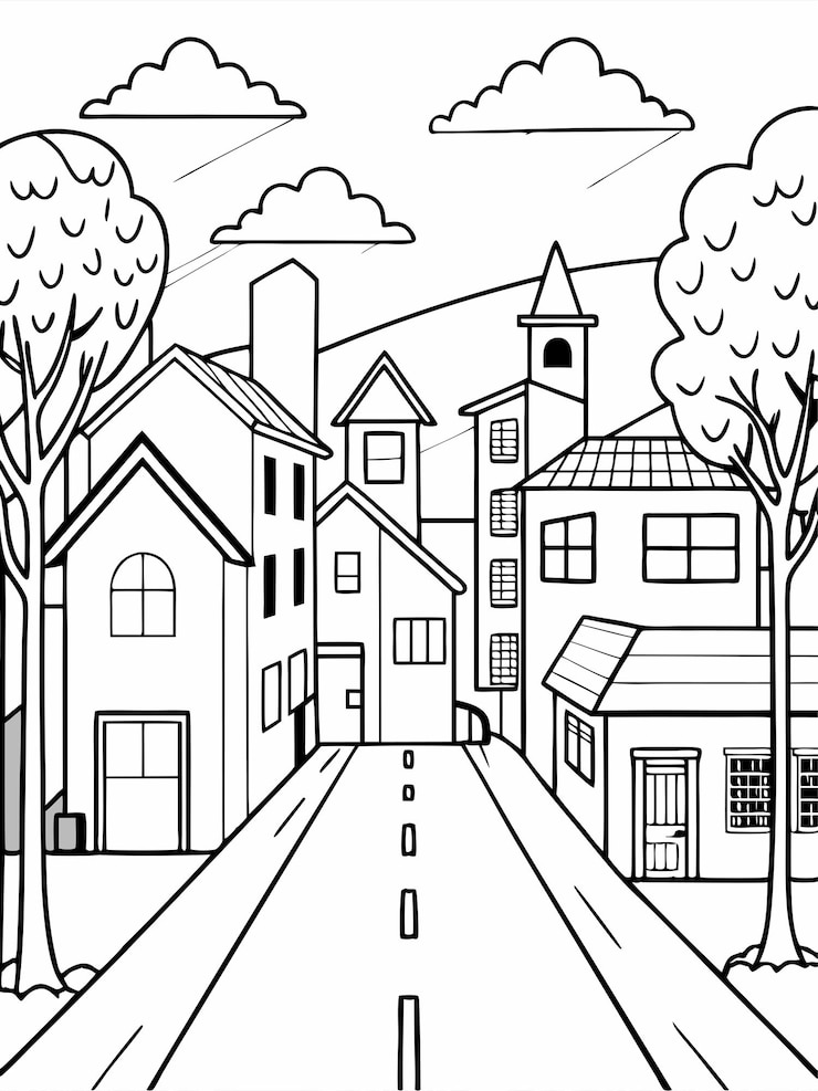 Vecteur des maisons de rue de la ville, des arbres, des pages de livres à colorier pour enfants et adultes avec un design vectoriel