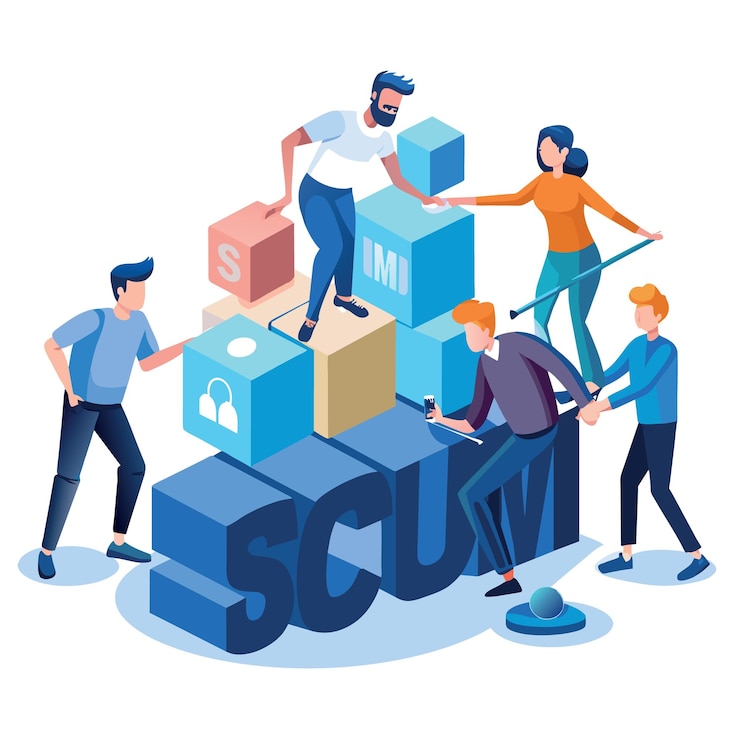 Vecteur maître scrum dans la méthodologie agile pour le concept de développement logiciel personnes miniatures membres de l'équipe p