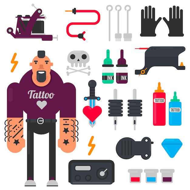 Maître de tatouage et outils de tatouage icônes définies