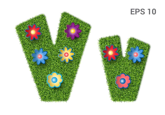 Vecteur majuscule vv et lettres majuscules de l'alphabet avec une texture d'herbe pelouse mauresque avec des fleurs