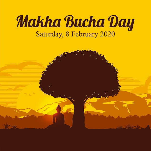 Makha Bucha Day, Silhouette De Bouddha Assis Sous L'arbre Bodhi (figue Sacrée)