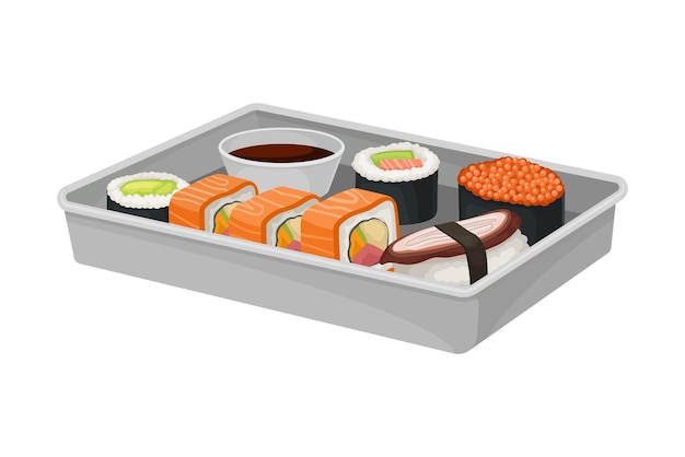 Vecteur maki or sushi with salmon and soy sauce as seafood dish vector illustration