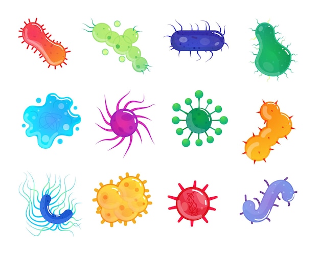 Maladie bactérienne, ensemble d'organismes microscopiques d'infection virale. Dessin animé coronavirus, vih, microbe, bacille, cellule moléculaire de germe pathogène ou illustration vectorielle de micro-organisme bactérien isolé sur blanc