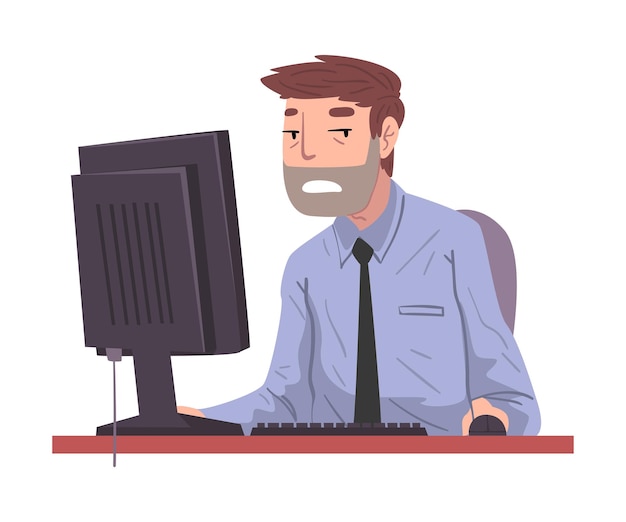 Vecteur male office worker working overtime overworked businessman sitting at workplace in office deadline concept vector illustration