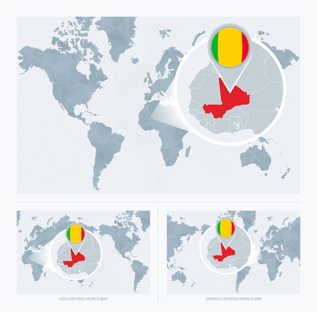 Vecteur mali agrandi sur la carte du monde 3 versions de la carte du monde avec drapeau et carte du mali