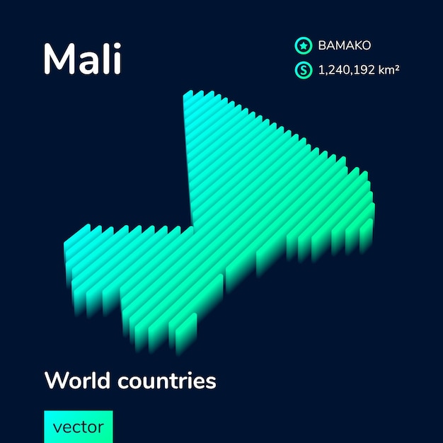 Mali Carte 3d Isométrique Stylisée Carte Vectorielle à Rayures Néon Du Mali Est En Vert Et Menthe