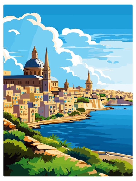Malta affiche de voyage vintage souvenir carte postale portrait peinture illustration WPA