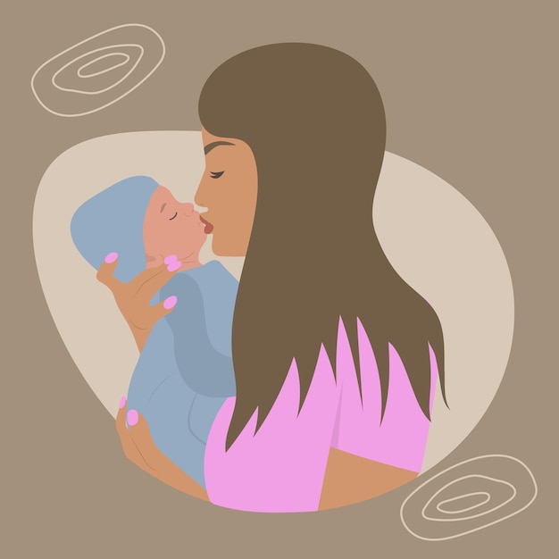 Vecteur maman et bébé mère tenant son bébé dans les bras et l'embrassant éléments boho de style minimalisme