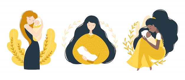 Maman Et Bébé Nouveau-né. Ensemble De Diverses Femmes Avec Enfants. Portraits Touchants. Illustration Mignonne Moderne En Style Cartoon Plat. Personnages Isolés Sur Fond Blanc