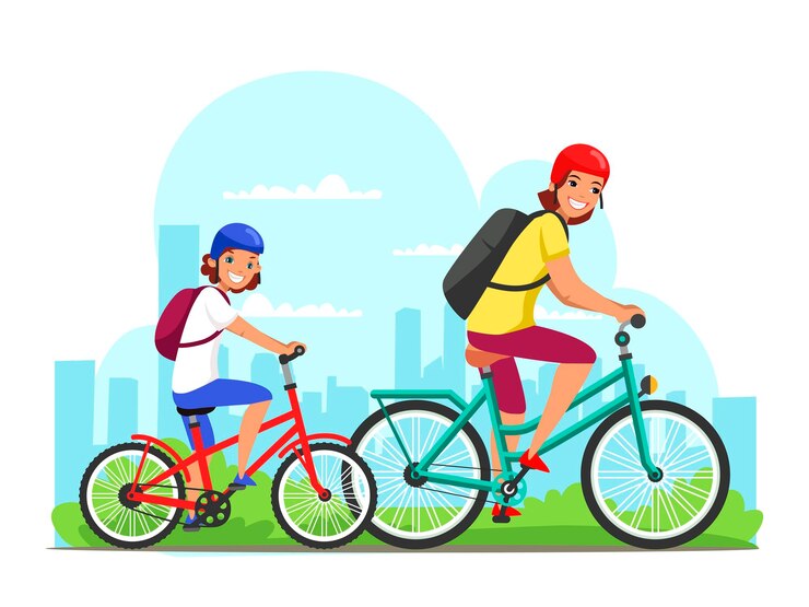 Maman et fille à cheval sur des vélos dans le parc de la ville passe-temps familial ensemble vacances voyage loisirs loisirs des parents avec des activités sportives pour enfants à l'extérieur