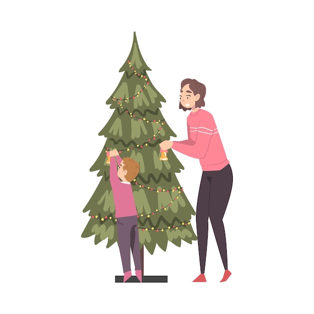 Maman et fils décorant l'arbre de Noël Famille se préparant à la célébration des fêtes Joyeux Noël et Nouvel An Illustration vectorielle de style dessin animé