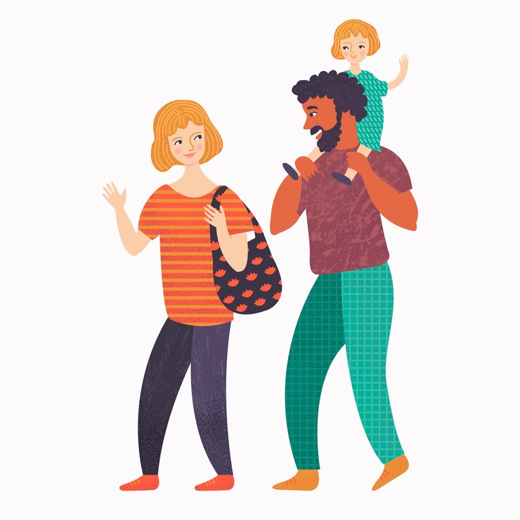 Vecteur maman, papa et petite fille en promenade