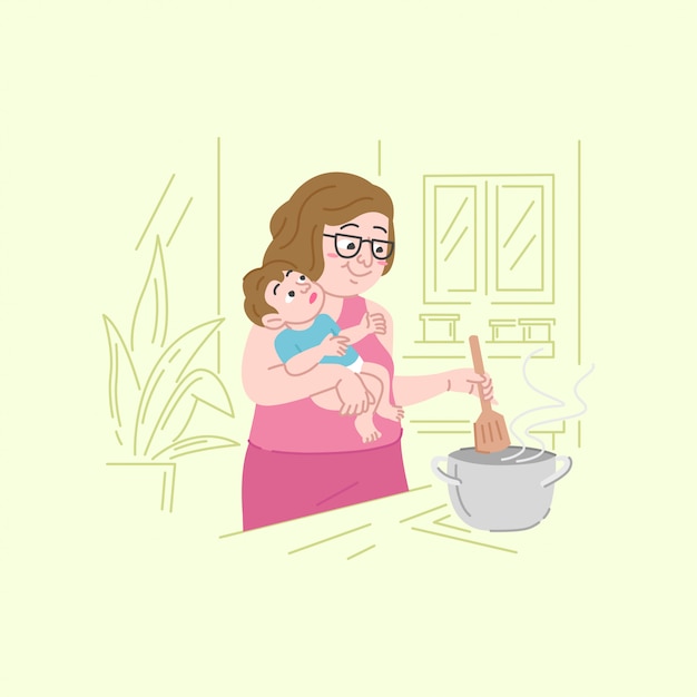 Une Maman Portant Son Bébé Cuisine Dans L'illustration De La Cuisine.