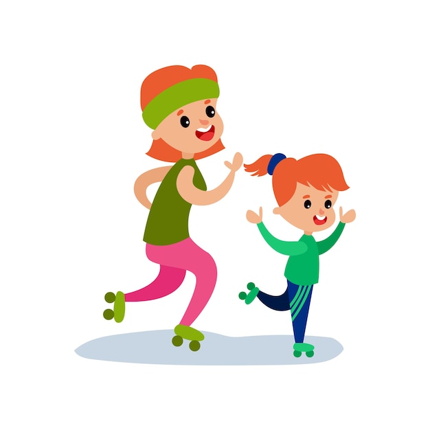 Maman Et Sa Fille, Patinage Sur Patins à Roues Alignées, Sport Familial Et Activité Physique Avec Enfants Vector Illustration Isolée Sur Fond Blanc