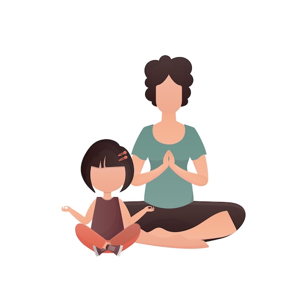 Maman et sa fille yoga dans la position du lotus Style de dessin animé isolé sur fond blanc