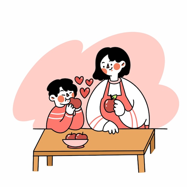 Maman Et Son Fils Mangeant Des Pommes Ensemble Illustration Doodle