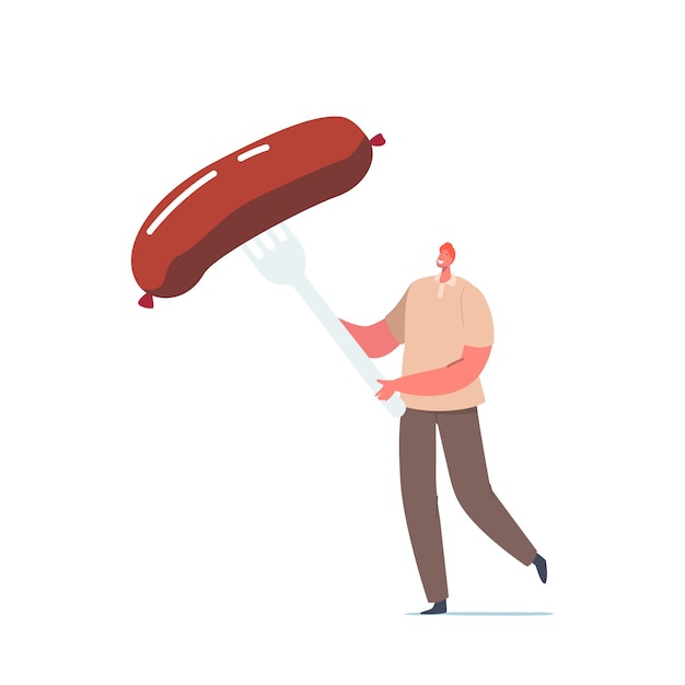 Man Eating Breakfast, Petit Personnage Masculin Avec D'énormes Saucisses Fourrées Sur Une Fourche Isolée Sur Fond Blanc. Nourriture Délicieuse, Repas Barbecue, Concept Culinaire Ou Nutritionnel. Illustration Vectorielle De Gens De Dessin Animé