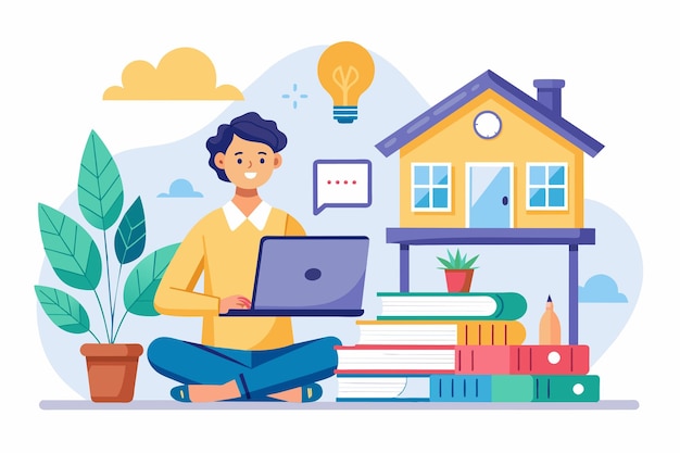 Vecteur a man sitting on the floor in front of a house working on a laptop online home education training courses simple and minimalist flat vector illustration