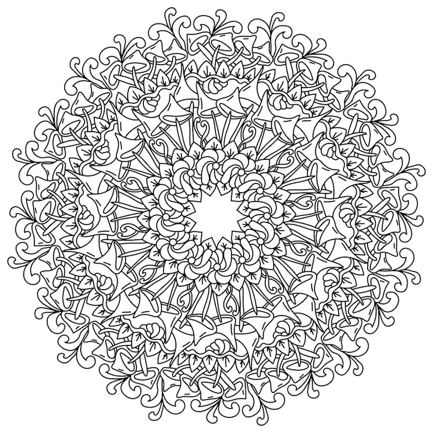 Mandala De Champignons Avec Des Fleurs Fantastiques Et Des Boucles Coloriage Zen Avec Des éléments Naturels