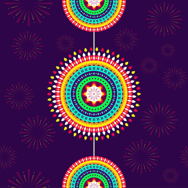 Mandala Coloré Accrocher Sur Fond Violet Feux D'artifice.