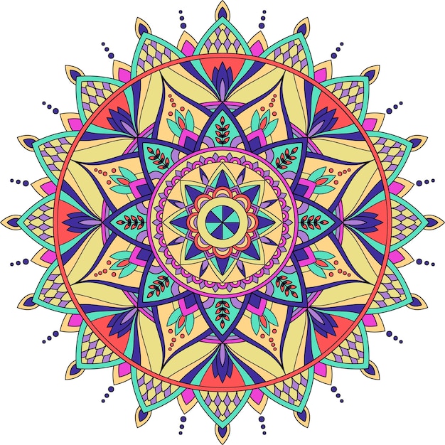 Vecteur mandala coloré dessiné à la main avec des éléments floraux