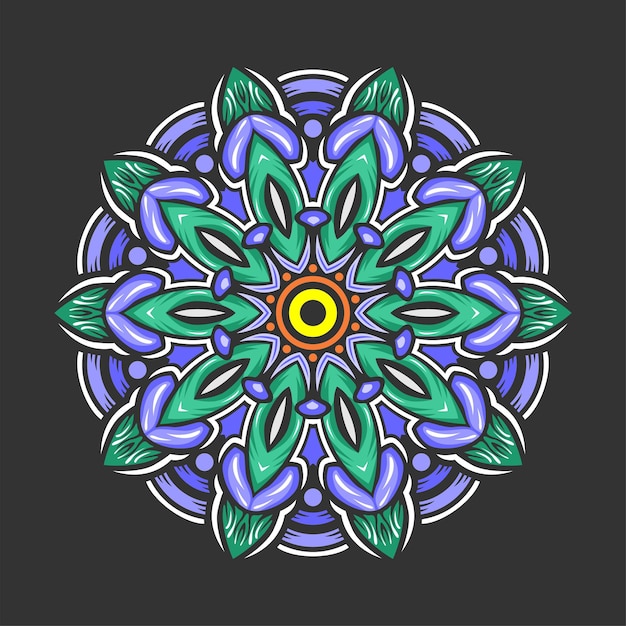 Un mandala coloré avec un motif de fleurs violettes.