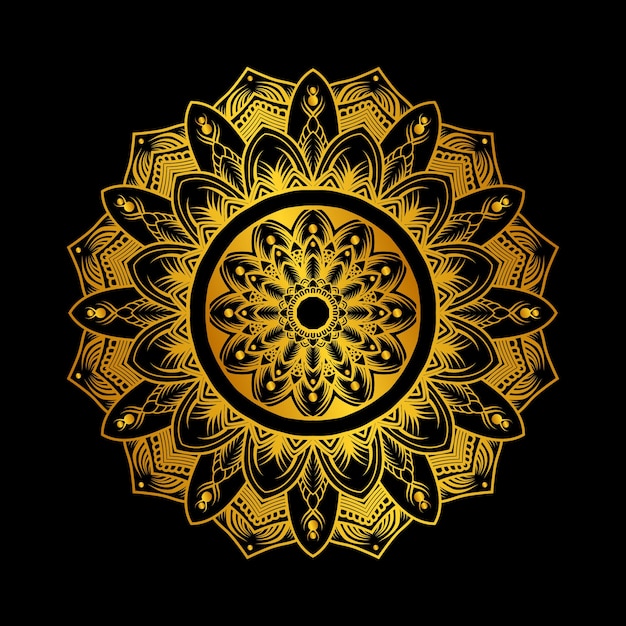 Mandala doré avec un motif doré sur fond noir.