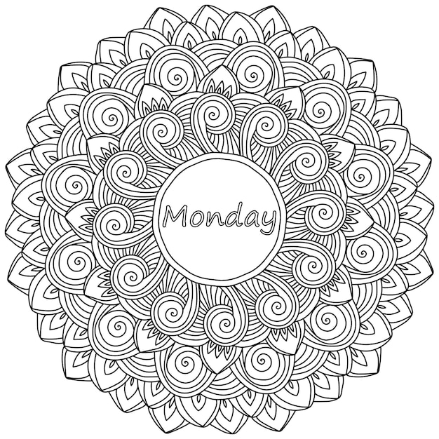 Mandala Avec L'inscription Lundi Au Centre De La Page De Coloriage Méditative Avec Des Motifs Ornés Et Des Boucles