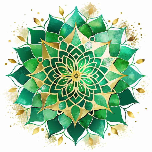 Un Mandala Vert Avec Des Accents Dorés La Fleur Est Entourée D'un Fond Blanc La Fleurest Un Symbole De Paix Et D'harmonie