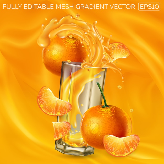 Vecteur mandarines et un verre de jus d'éclaboussures sur fond de jus de fruits.