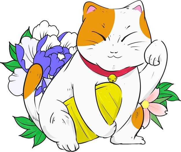 Maneki Neko Illustration Fond De Fleurs Japonaises Dessinés à La Main