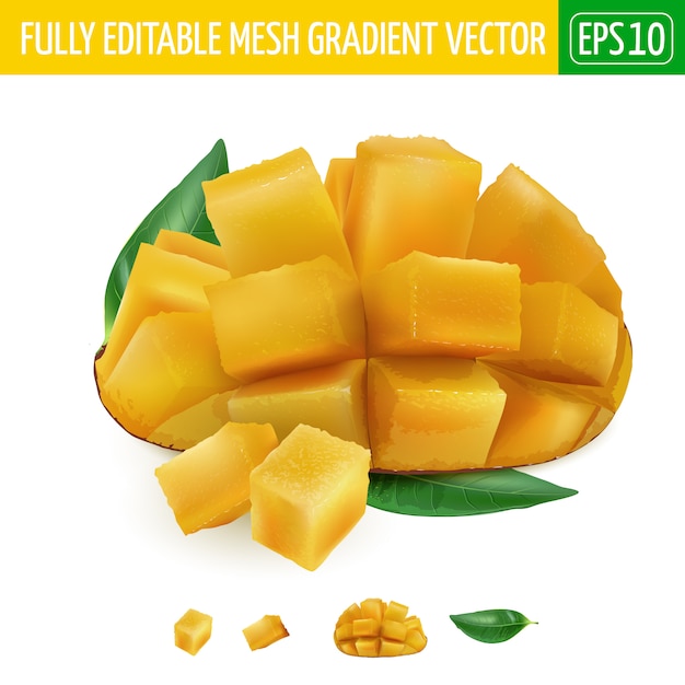 Mangue fraîche coupée en cubes avec des feuilles vertes.