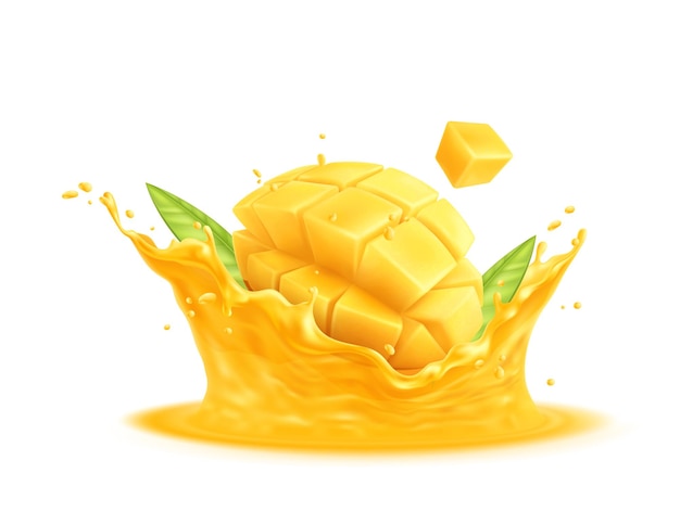 Mangue en tranches délicieuse réaliste dans le jus éclabousse illustration vectorielle