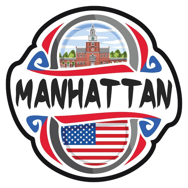 Manhattan Usa états-unis Drapeau Voyage Souvenir Skyline Landmark Logo Badge Timbre Sceau Emblème Eps