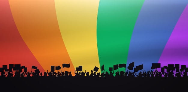 Les Manifestants Foule Silhouette Tenant Des Pancartes Lgbt Démonstration Arc-en-ciel Drapeau Arrière-plan Gay Lesbienne Amour Défilé Fierté Festival Transgenre Amour Concept Horizontal Illustration Vectorielle