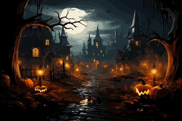 Vecteur un manoir sombre, un château hanté, une maison abandonnée dans la nuit avec une lune géante et une lumière orange.