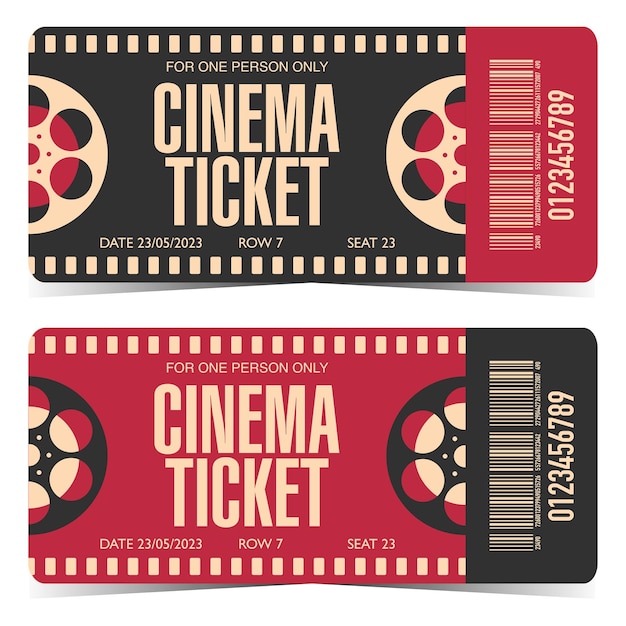 Maquette de conception de billet de cinéma avec bande de film cinématographique et coins arrondis de bobine de film