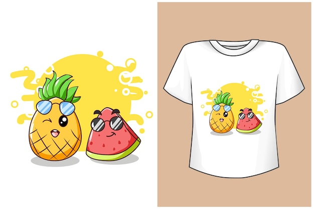 Maquette De Conception De T-shirt Mignon Ananas Et Pastèque En été