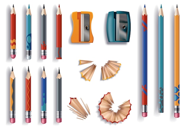 Maquette de crayon réaliste Crayons de graphite en bois de couleur avec des copeaux et un affûteur Articles de bureau scolaires Vector de conception créative ensemble lumineux