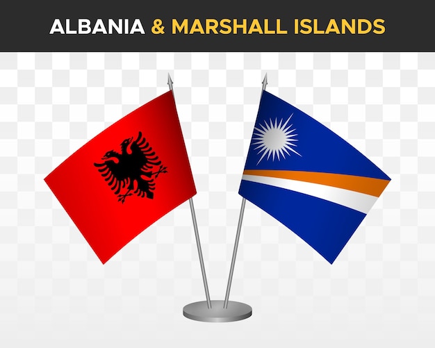 Maquette de drapeaux de bureau de l'Albanie et des Îles Marshall isolée sur des drapeaux de table d'illustration vectorielle 3d blancs