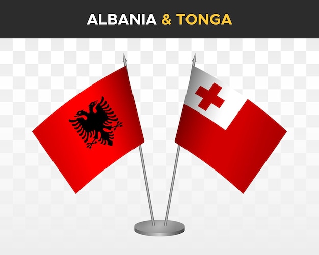 Maquette de drapeaux de bureau de l'Albanie et des Tonga isolée sur des drapeaux de table d'illustration vectorielle 3d blancs