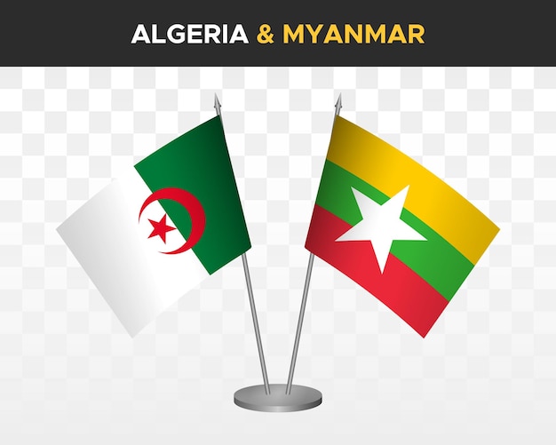 Maquette de drapeaux de bureau Algérie et Myanmar Birmanie isolée sur des drapeaux de table d'illustration vectorielle 3d blancs