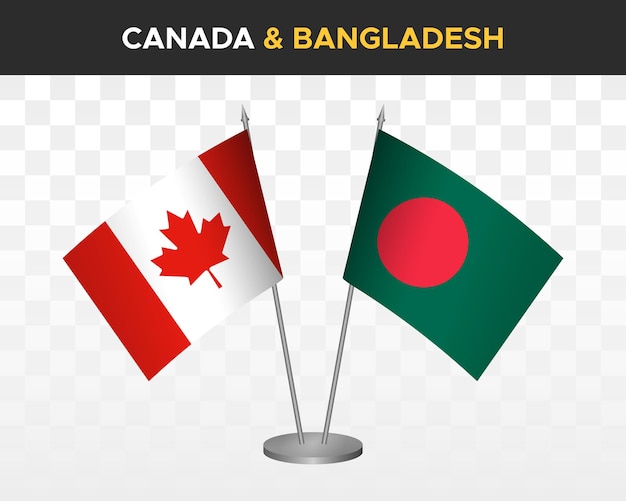 Maquette de drapeaux de bureau Canada vs Bangladesh isolée sur des drapeaux de table d'illustration vectorielle 3d blancs