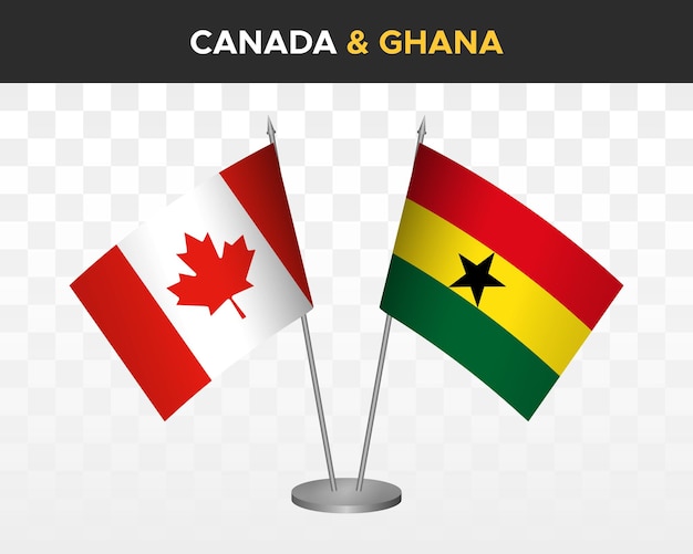 Maquette de drapeaux de bureau Canada vs Ghana isolée sur des drapeaux de table d'illustration vectorielle 3d blancs