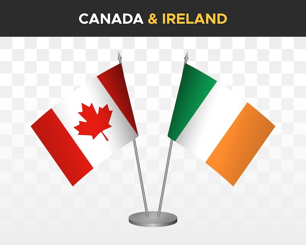 Maquette De Drapeaux De Bureau Canada Vs Irlande Isolée Sur Des Drapeaux De Table D'illustration Vectorielle 3d Blancs