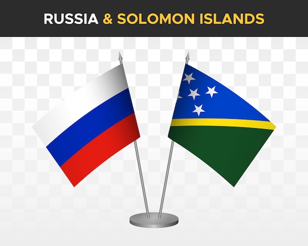Maquette de drapeaux de bureau Russie vs Îles Salomon isolée sur des drapeaux de table d'illustration vectorielle 3d blancs