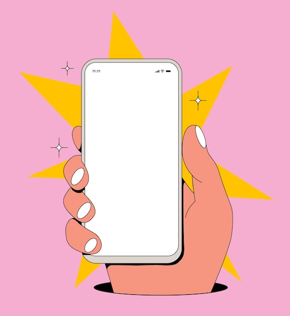 Maquette d'écran de smartphone de style vintage comique de dessin animé avec une main tenant un téléphone avec un affichage blanc vierge sur fond rose Illustration vectorielle