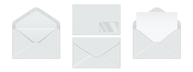 Vecteur maquette d'enveloppe blanche. lettre ouverte et fermée, message postal et document papier dans une enveloppe