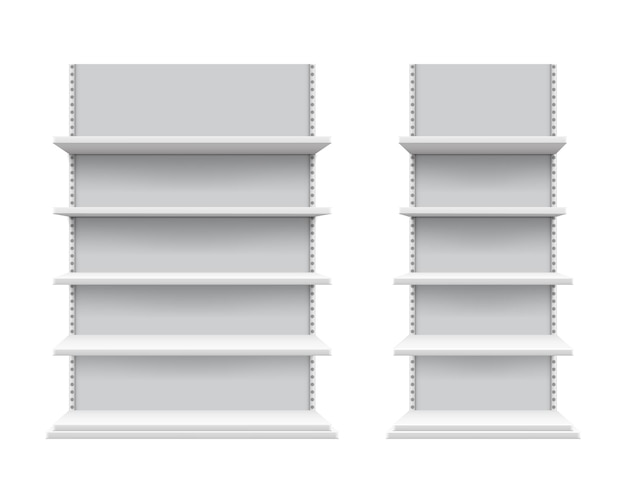 Maquette d'étagères réaliste. Rayonnage de magasin isolé, présentoir commercial blanc. Équipement de vente au détail vierge 3D, racks vides pour produits. Supermarché ou expo vitrine illustration vectorielle.